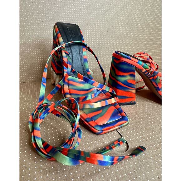 ASOS Design Colorful Orange Blue Heels Strappy Square Toe Tie Up High Heel - Picture 4 of 12
